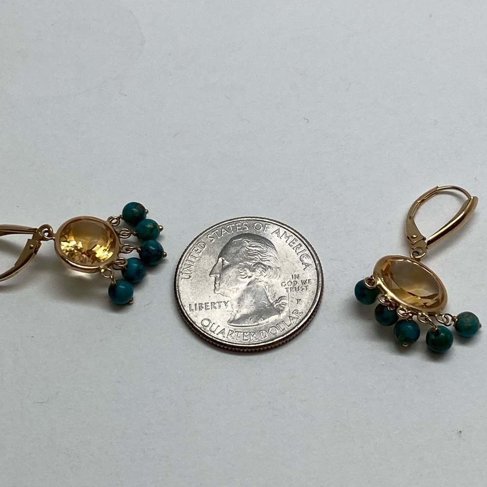 14K Yellow Gold Bezel Citrine and Turquoise Bead Dangle Leverback Earrings - Picture 10 of 15